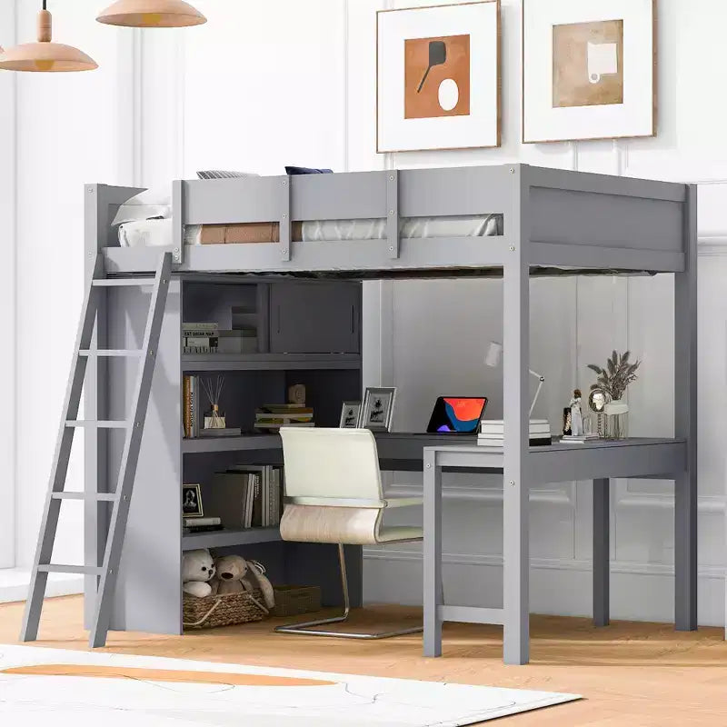 Full Size Loft Bed with Desk and Shelves, Wooden Loft Bedframe with Two Built-in Drawers for Bedroom