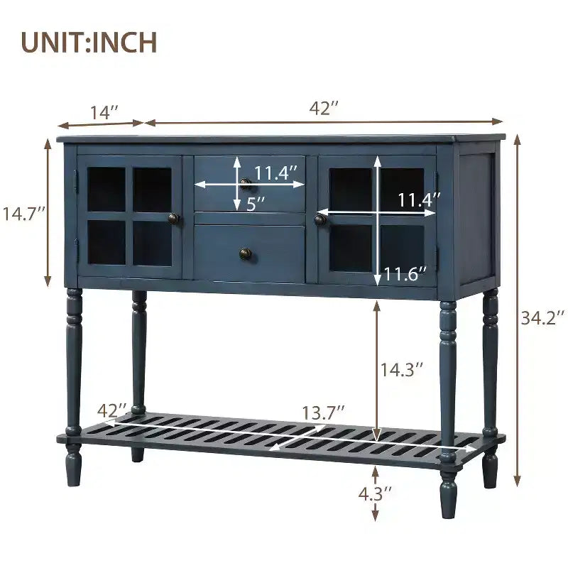 Consolle rustica con ripiano inferiore e armadietto contenitore per soggiorno, blu navy antico