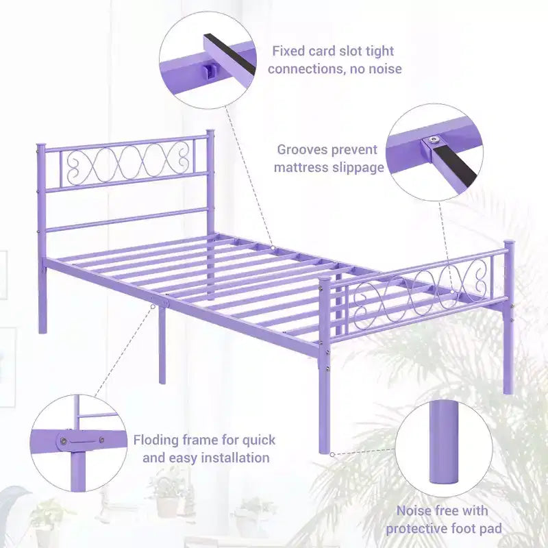 Twin Size Metal Bed FrameSturdy Platform with Headboard & Footboard, Steel Slat Support,No Box Spring Needed,Easy Assembly,for Kids
