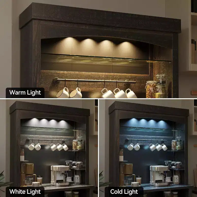 72 Mobile Dispensa - Angolo Caffè con Luci LED a 3 Colori, Ampio Spazio di Archiviazione e Ganci a S per Cucina, Sala da Pranzo