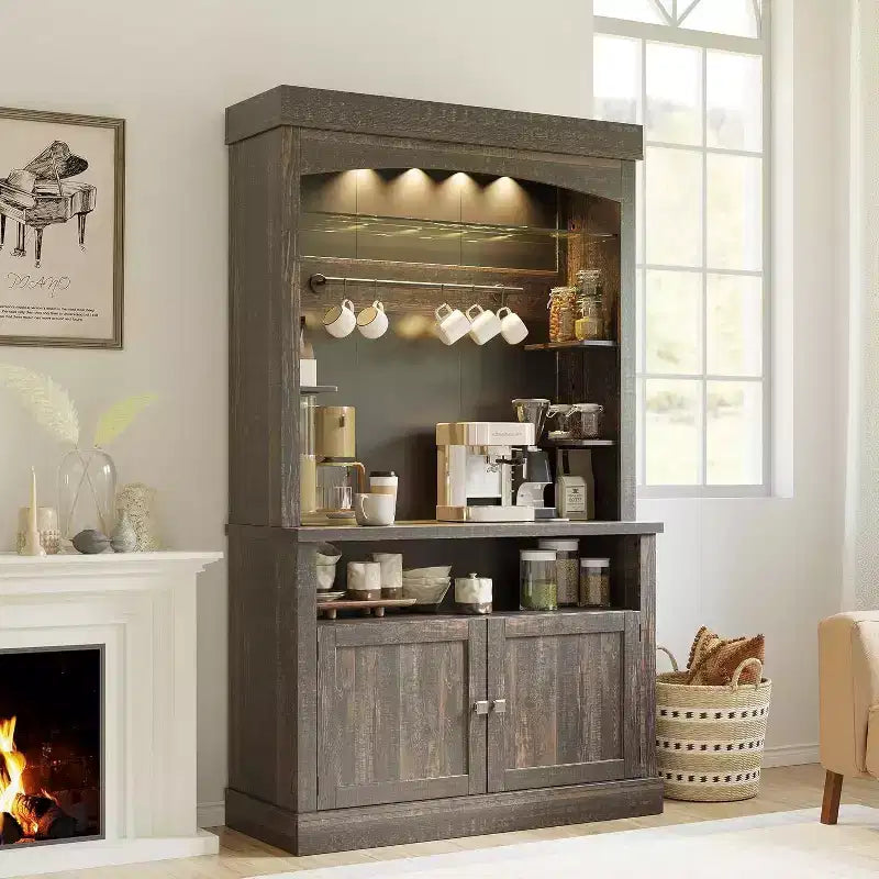 72 Mobile Dispensa - Angolo Caffè con Luci LED a 3 Colori, Ampio Spazio di Archiviazione e Ganci a S per Cucina, Sala da Pranzo