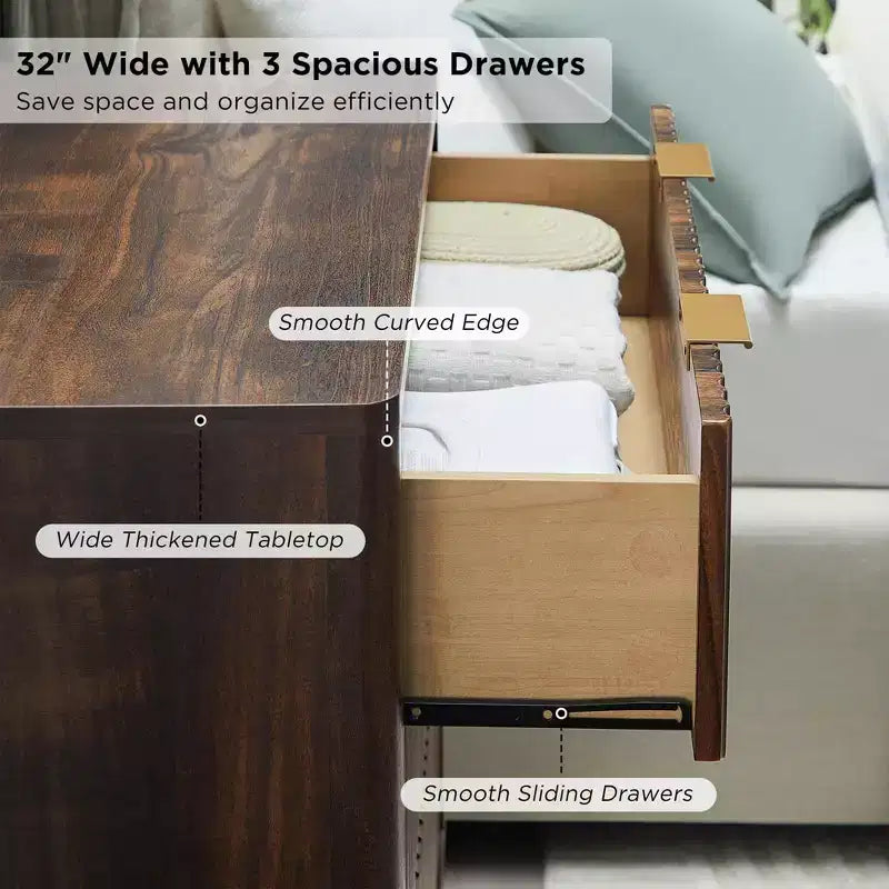 32 Tall Fluted Nightstand, Modern Side Table with Faux Marble Top, 3 Drawers End Table w/Storage, Bedside Table for Bedroom, Living Room