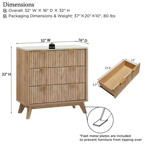 Comodino alto scanalato da 32 pollici, tavolino moderno con ripiano in finto marmo, comodino a 3 cassetti con contenitore, tavolino da notte per camera da letto, soggiorno