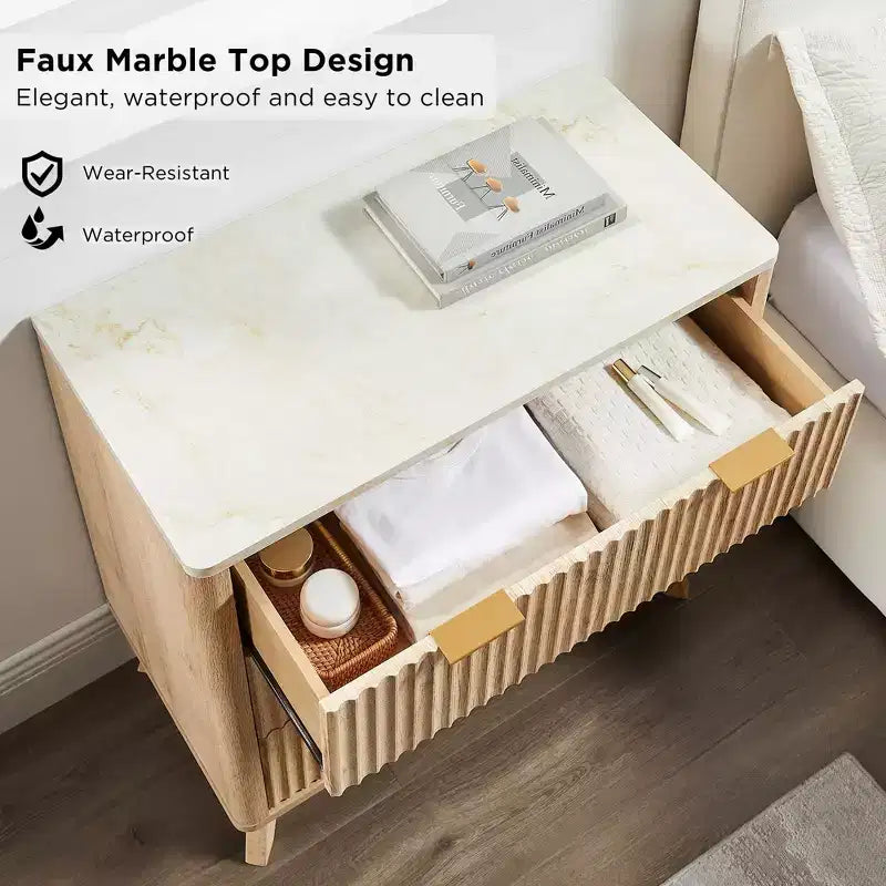 32 Tall Fluted Nightstand, Modern Side Table with Faux Marble Top, 3 Drawers End Table w/Storage, Bedside Table for Bedroom, Living Room