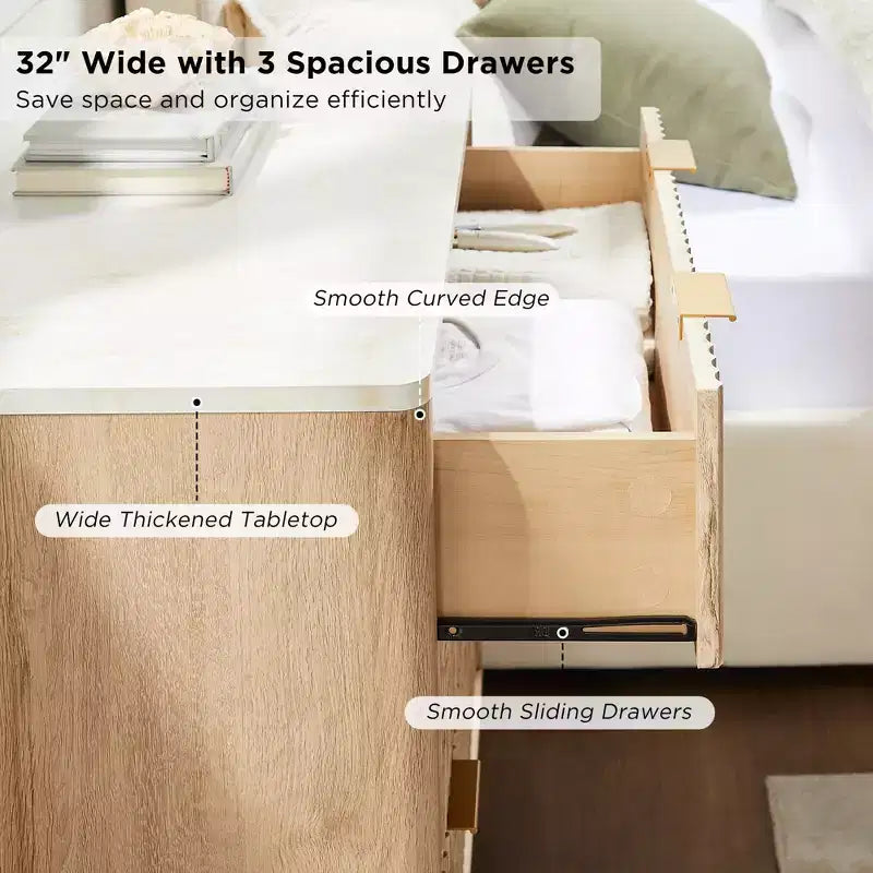 32 Tall Fluted Nightstand, Modern Side Table with Faux Marble Top, 3 Drawers End Table w/Storage, Bedside Table for Bedroom, Living Room