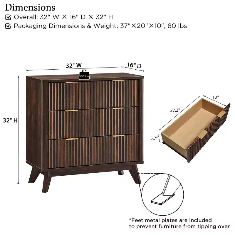 32 Tall Fluted Nightstand, Modern Side Table with Faux Marble Top, 3 Drawers End Table w/Storage, Bedside Table for Bedroom, Living Room