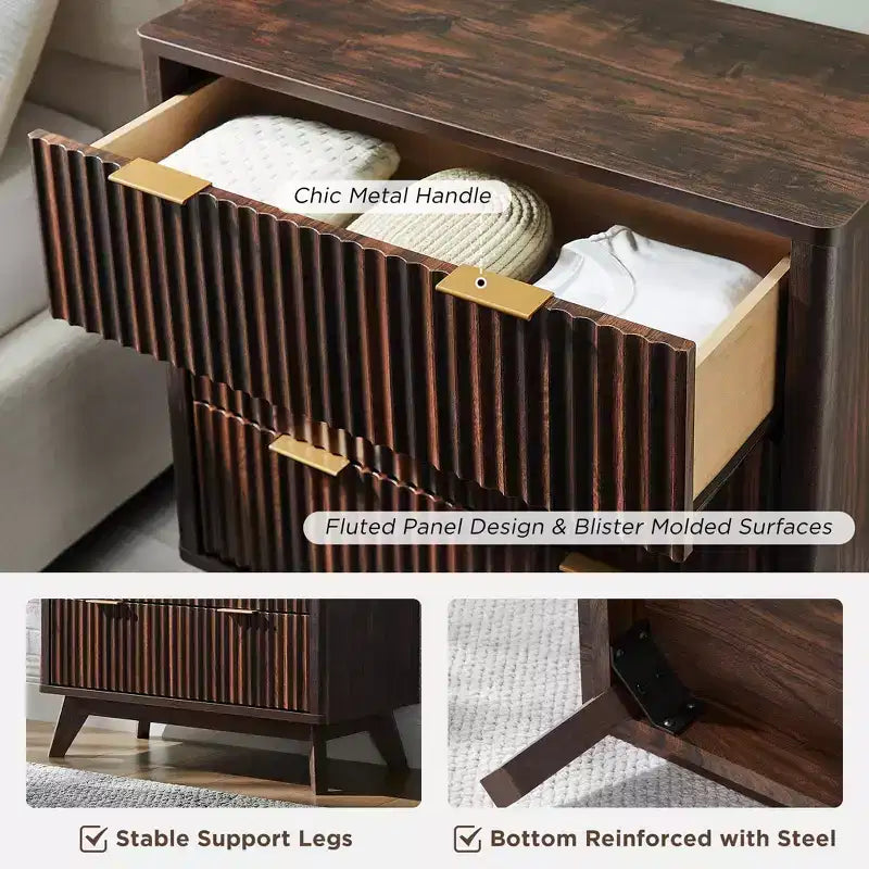 32 Tall Fluted Nightstand, Modern Side Table with Faux Marble Top, 3 Drawers End Table w/Storage, Bedside Table for Bedroom, Living Room