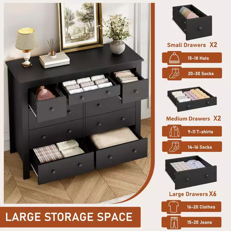 47" Wide Wooden Dresser – Black / White, Multi-Room Storage for 1–2 Users