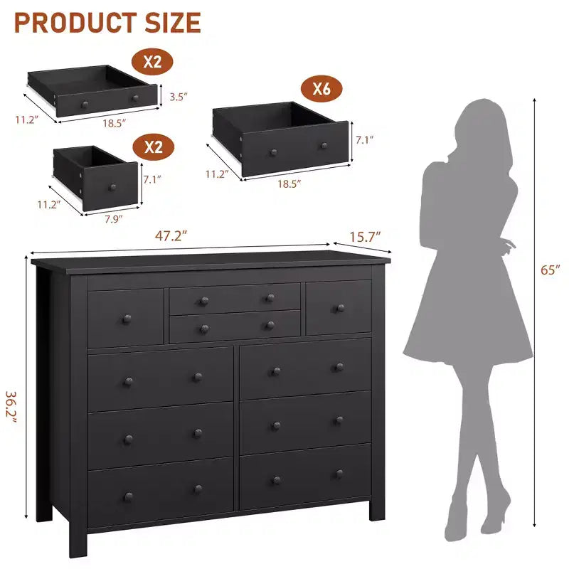 47" Wide Wooden Dresser – Black / White, Multi-Room Storage for 1–2 Users