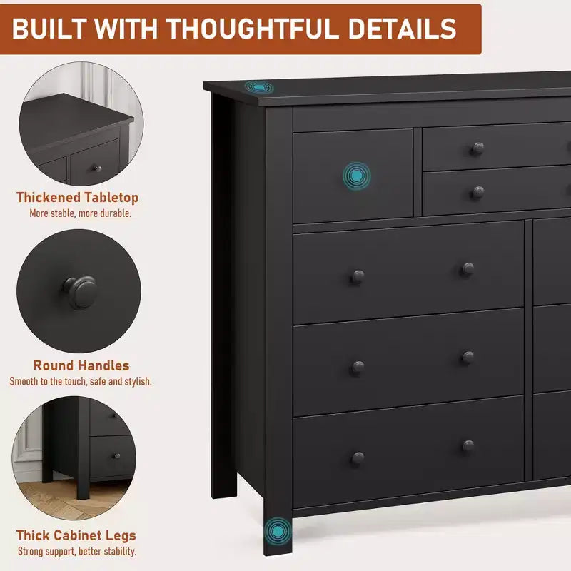 47" Wide Wooden Dresser – Black / White, Multi-Room Storage for 1–2 Users