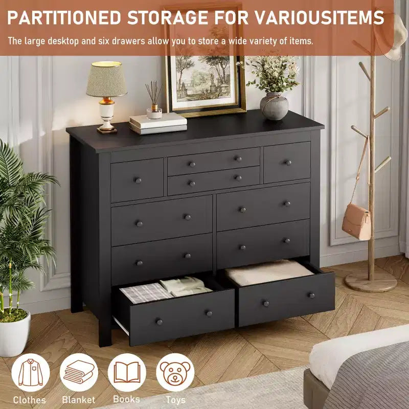 47" Wide Wooden Dresser – Black / White, Multi-Room Storage for 1–2 Users