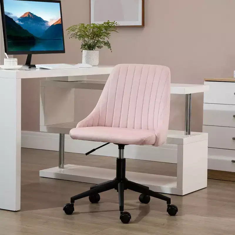 Mid-Back Office Chair, Velvet Vanity Chair with Adjustable Height and 360 Swivel Wheels, Upholstered Comfy Chair for Office, Home, Pink