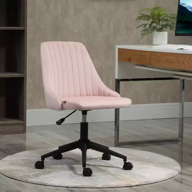 Mid-Back Office Chair, Velvet Vanity Chair with Adjustable Height and 360 Swivel Wheels, Upholstered Comfy Chair for Office, Home, Pink