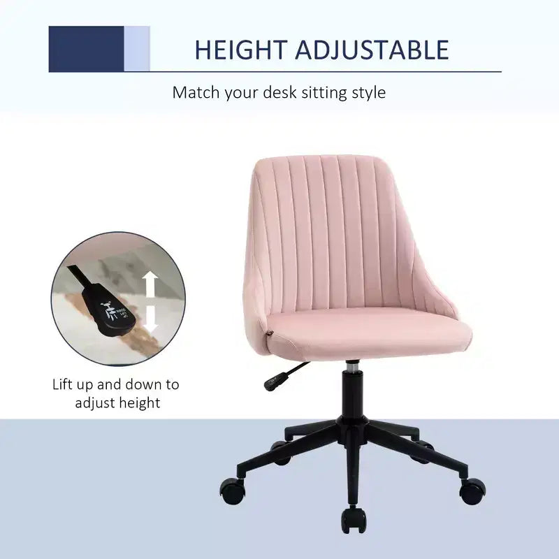 Mid-Back Office Chair, Velvet Vanity Chair with Adjustable Height and 360 Swivel Wheels, Upholstered Comfy Chair for Office, Home, Pink