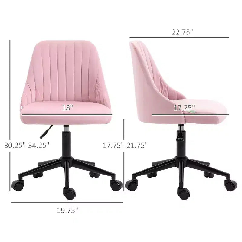 Mid-Back Office Chair, Velvet Vanity Chair with Adjustable Height and 360 Swivel Wheels, Upholstered Comfy Chair for Office, Home, Pink